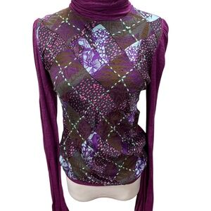 Custo Barcelona Embroidered Mock Neck Knit Top Size L Multicolor Long Sleeve